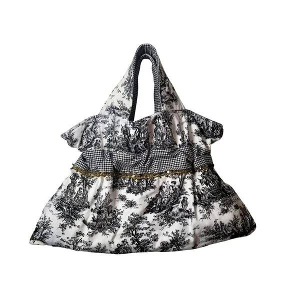 Handmade Black & White Toile & Houndstooth Tote Bag With Ruffled Detail & Gold T - Picture 4 of 15